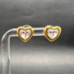 Coach Heart Stud Earrings Gold Tone Clear Crystal Logo Engraved Romantic Jewelry
